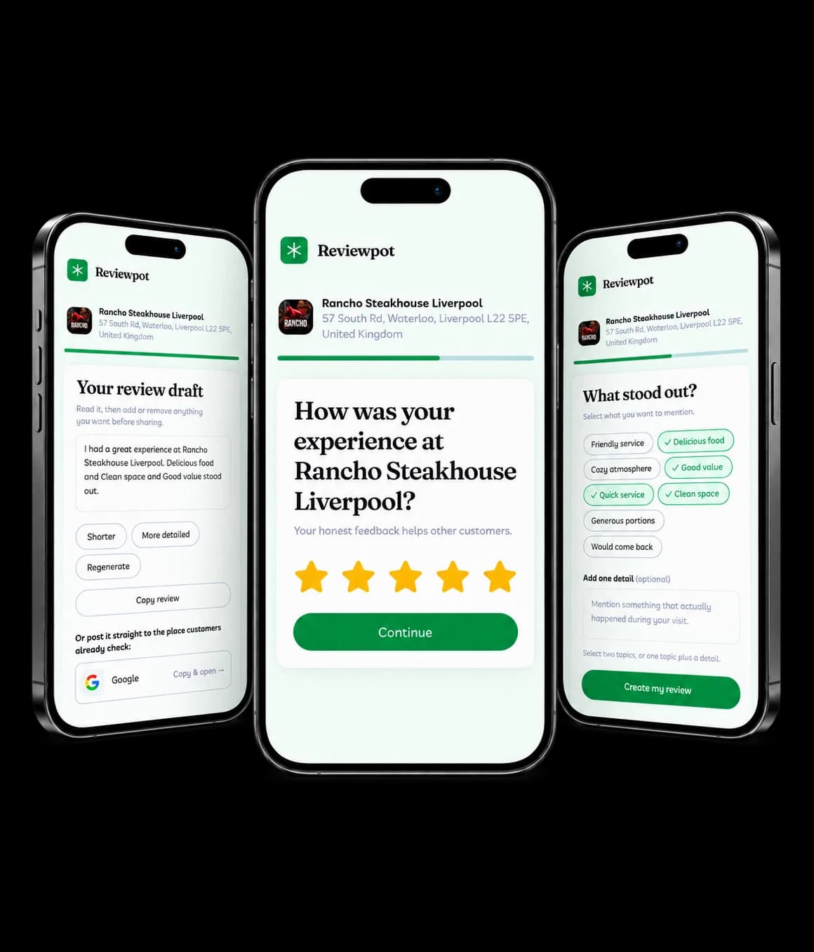 product mockup image showing 3 steps involved for a customer to prepare good quality review for your business.