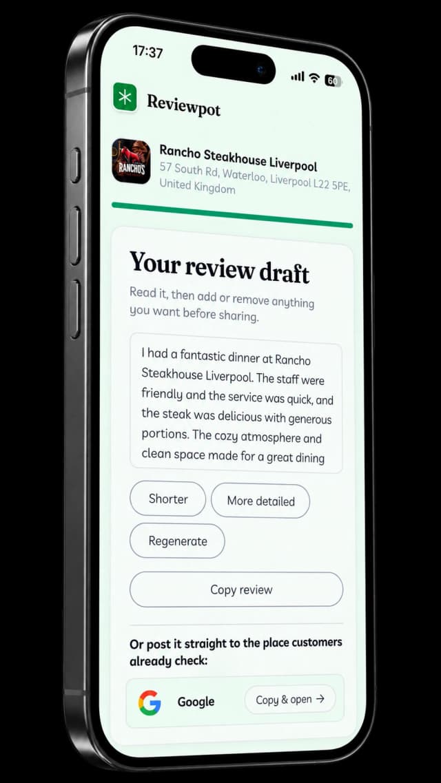reviw draft mockup showing generated review and options for next step.